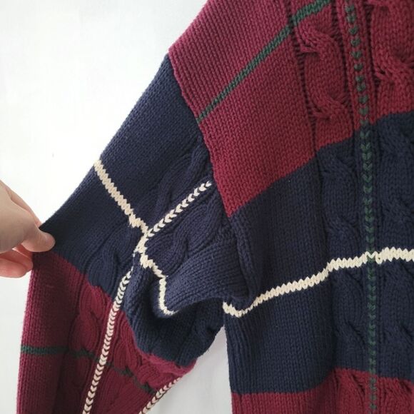 John Ashford 100% Cotton Plaid Knit Sweater Burgundy/Navy/White/Green Large 90s - Picture 2 of 7